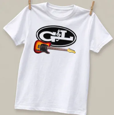 Modern graphic G&L ASAT guitar illustration in black, orange, yellow, and brown