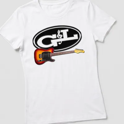 Modern graphic G&L ASAT guitar illustration in black, orange, yellow, and brown — printed on a women's shirt