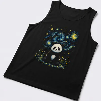 Cute illustration of a panda under a starry night sky in galaxy aesthetic style — printed on a tank top