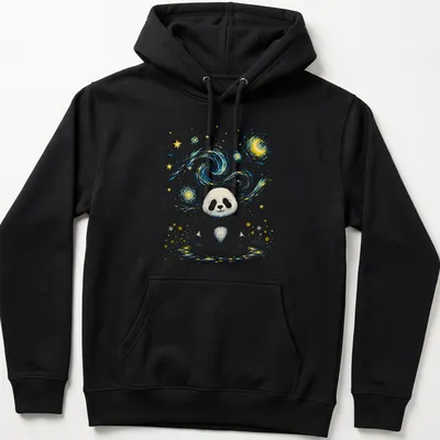 Cute illustration of a panda under a starry night sky in galaxy aesthetic style — printed on a unisex hoodie