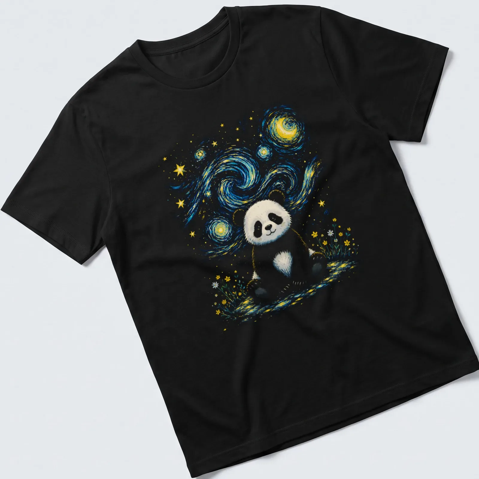 Cute illustration of a panda under a starry night sky in galaxy aesthetic style — printed on a unisex t-shirt