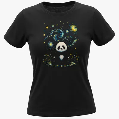 Cute illustration of a panda under a starry night sky in galaxy aesthetic style — printed on a women's shirt