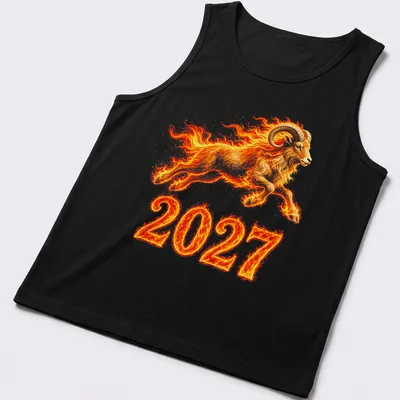 Illustration of a fire goat in flames, with bold colors and dynamic design. — printed on a tank top