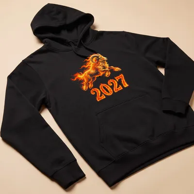Illustration of a fire goat in flames, with bold colors and dynamic design. — printed on a unisex hoodie