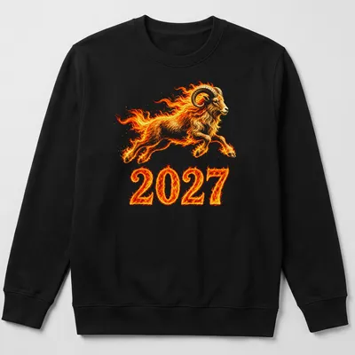 Illustration of a fire goat in flames, with bold colors and dynamic design. — printed on a unisex sweatshirt