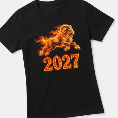 Illustration of a fire goat in flames, with bold colors and dynamic design. — printed on a women's shirt