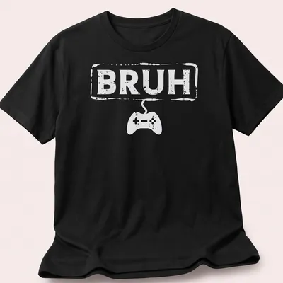Bold typography Gamer Bruh shirt featuring a video game controller in white