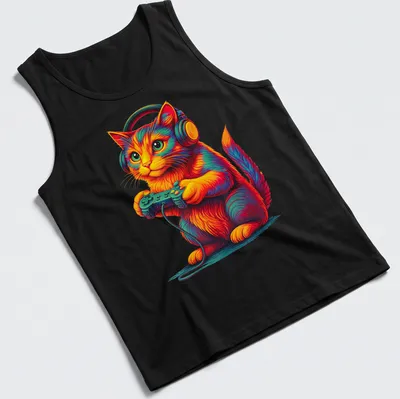 Vibrant shirt featuring a funny cat engaged with video games in colorful shades — printed on a tank top