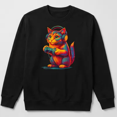 Vibrant shirt featuring a funny cat engaged with video games in colorful shades — printed on a unisex sweatshirt