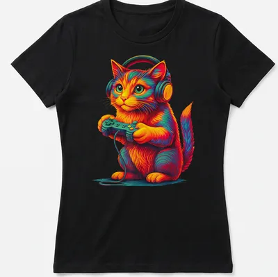 Vibrant shirt featuring a funny cat engaged with video games in colorful shades — printed on a women's shirt