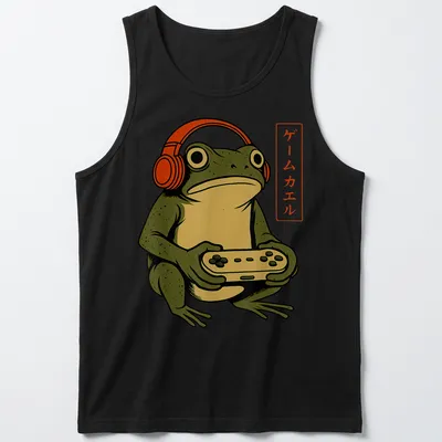 Vintage illustration of a gamer frog with headphones and a game controller, featuring Japanese text. — printed on a tank top