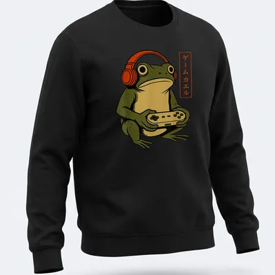 Vintage illustration of a gamer frog with headphones and a game controller, featuring Japanese text. — printed on a unisex sweatshirt