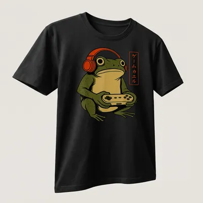 Vintage illustration of a gamer frog with headphones and a game controller, featuring Japanese text. — printed on a unisex t-shirt (angled view)