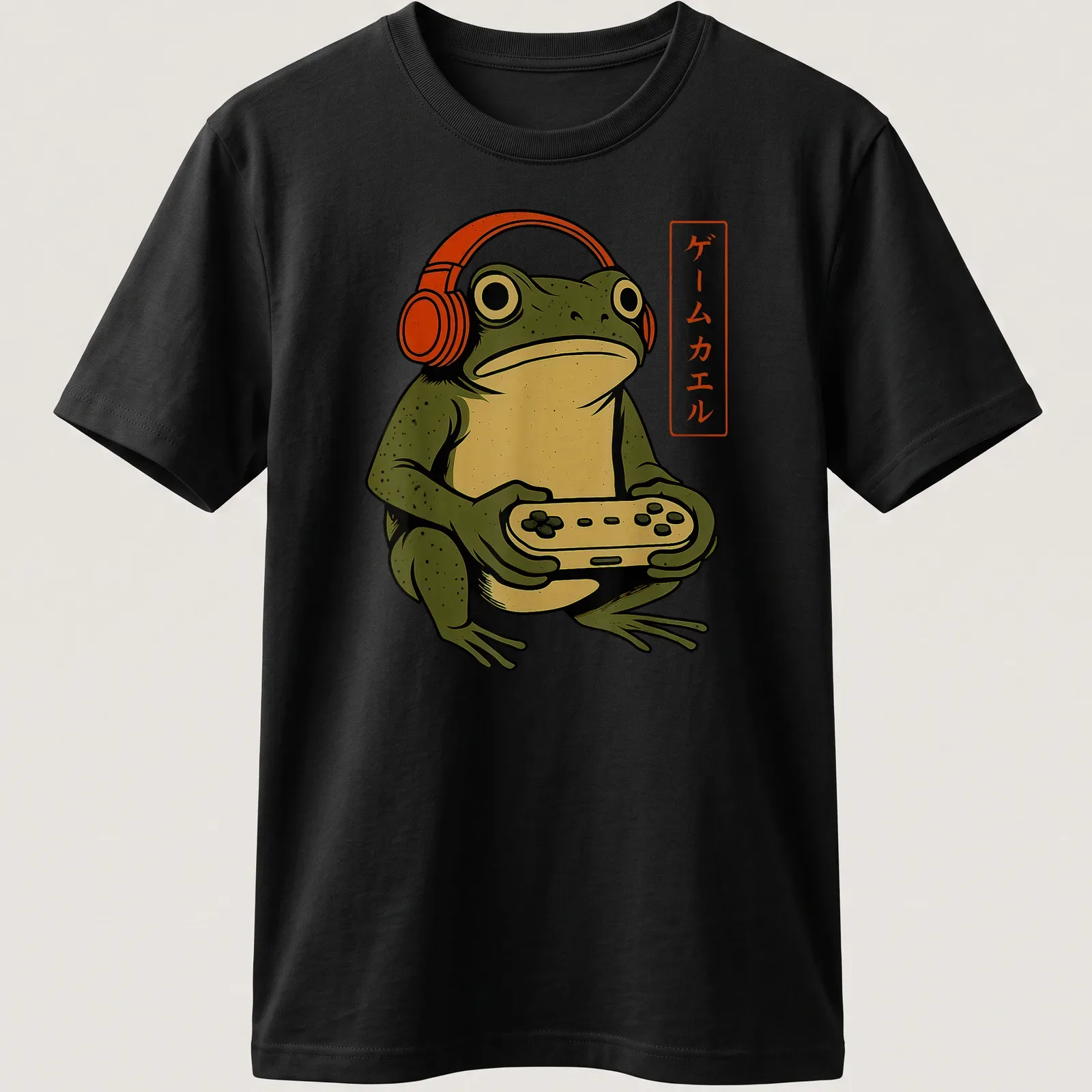 Vintage illustration of a gamer frog with headphones and a game controller, featuring Japanese text. — printed on a unisex t-shirt