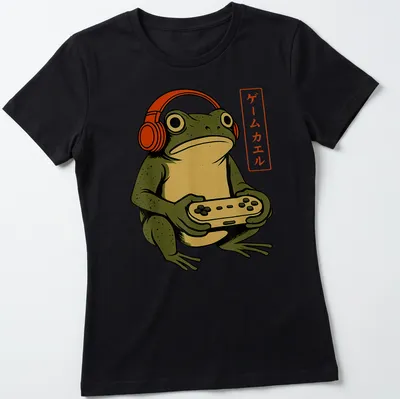Vintage illustration of a gamer frog with headphones and a game controller, featuring Japanese text. — printed on a women's shirt