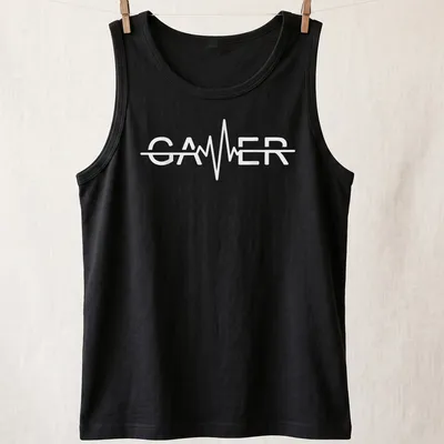 Minimalist Gamer t-shirt with heartbeat design in white text — printed on a tank top