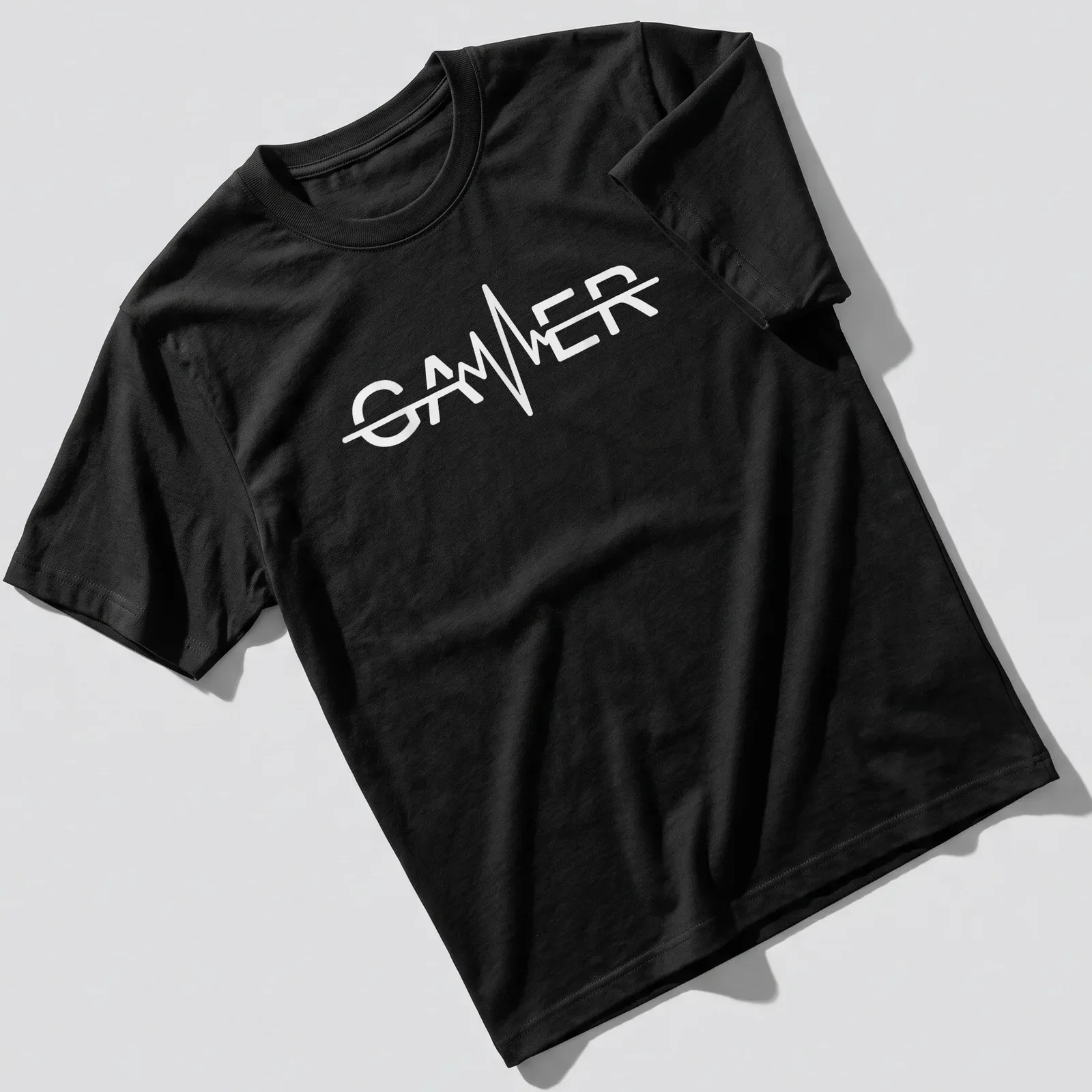 Minimalist Gamer t-shirt with heartbeat design in white text — printed on a unisex t-shirt
