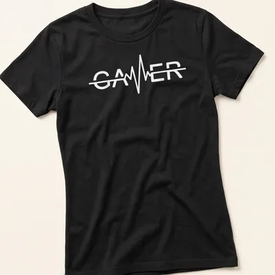 Minimalist Gamer t-shirt with heartbeat design in white text — printed on a women's shirt