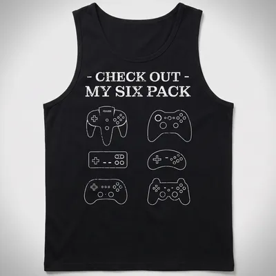 Minimalist Gamer Six Pack t-shirt with game controllers and playful text — printed on a tank top