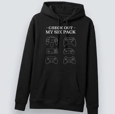 Minimalist Gamer Six Pack t-shirt with game controllers and playful text — printed on a unisex hoodie