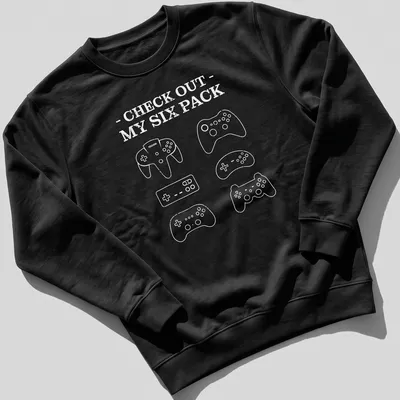 Minimalist Gamer Six Pack t-shirt with game controllers and playful text — printed on a unisex sweatshirt