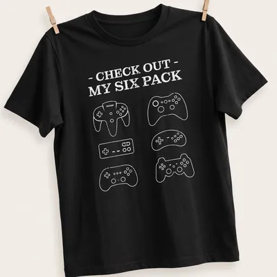 Minimalist Gamer Six Pack t-shirt with game controllers and playful text