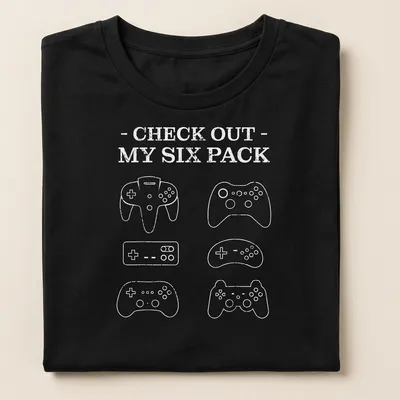 Minimalist Gamer Six Pack t-shirt with game controllers and playful text — printed on a women's shirt