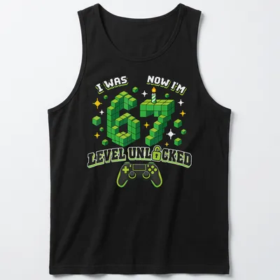 Colorful pixel art shirt with text about gaming level and birthday celebration — printed on a tank top