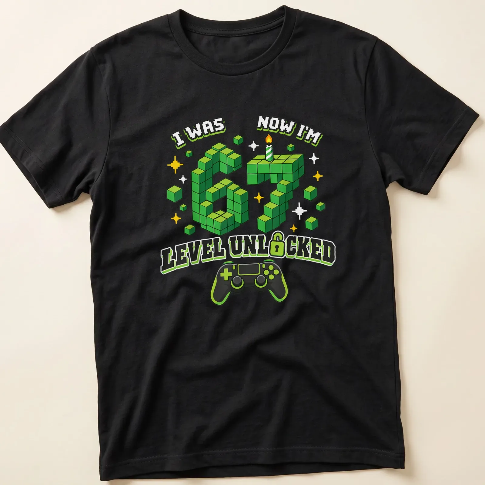 Colorful pixel art shirt with text about gaming level and birthday celebration — printed on a unisex t-shirt
