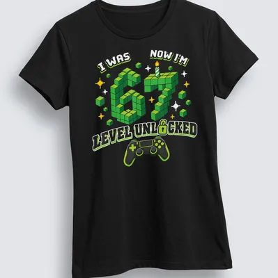 Colorful pixel art shirt with text about gaming level and birthday celebration — printed on a women's shirt