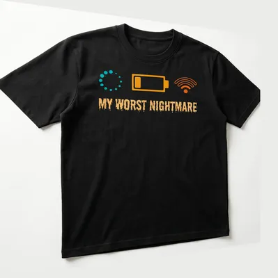 Funny Gaming Nightmare T-shirt with gaming symbols and text MY WORST NIGHTMARE — printed on a unisex t-shirt (angled view)