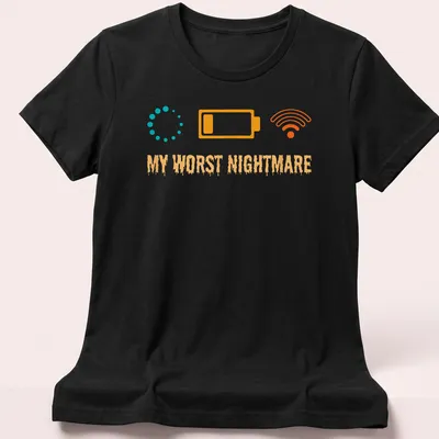 Funny Gaming Nightmare T-shirt with gaming symbols and text MY WORST NIGHTMARE — printed on a women's shirt