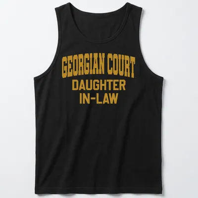 Bold collegiate print of Georgian Court Daughter In-Law text in gold and white — printed on a tank top