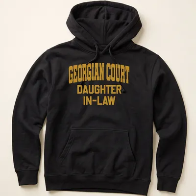 Bold collegiate print of Georgian Court Daughter In-Law text in gold and white — printed on a unisex hoodie