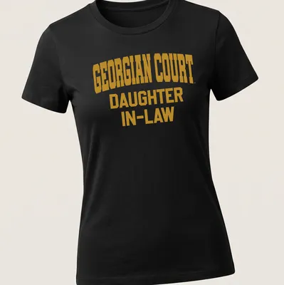 Bold collegiate print of Georgian Court Daughter In-Law text in gold and white — printed on a women's shirt