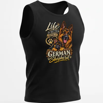 Illustration of a German Shepherd puppy with text 'Life Is Better With A German Shepherd' in colorful detail — printed on a tank top