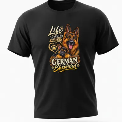 Illustration of a German Shepherd puppy with text 'Life Is Better With A German Shepherd' in colorful detail