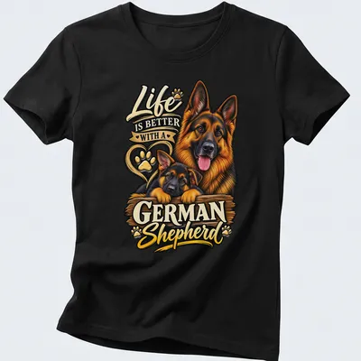Illustration of a German Shepherd puppy with text 'Life Is Better With A German Shepherd' in colorful detail — printed on a women's shirt