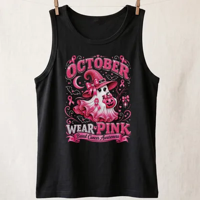 Kawaii glitter design featuring a ghost in a pink hat with awareness text — printed on a tank top
