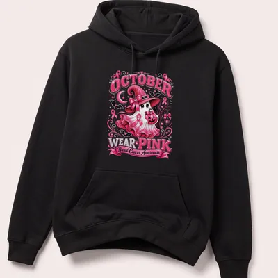 Kawaii glitter design featuring a ghost in a pink hat with awareness text — printed on a unisex hoodie
