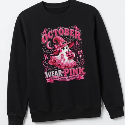 Kawaii glitter design featuring a ghost in a pink hat with awareness text — printed on a unisex sweatshirt