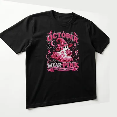 Kawaii glitter design featuring a ghost in a pink hat with awareness text — printed on a unisex t-shirt (angled view)
