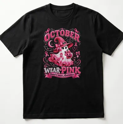 Kawaii glitter design featuring a ghost in a pink hat with awareness text