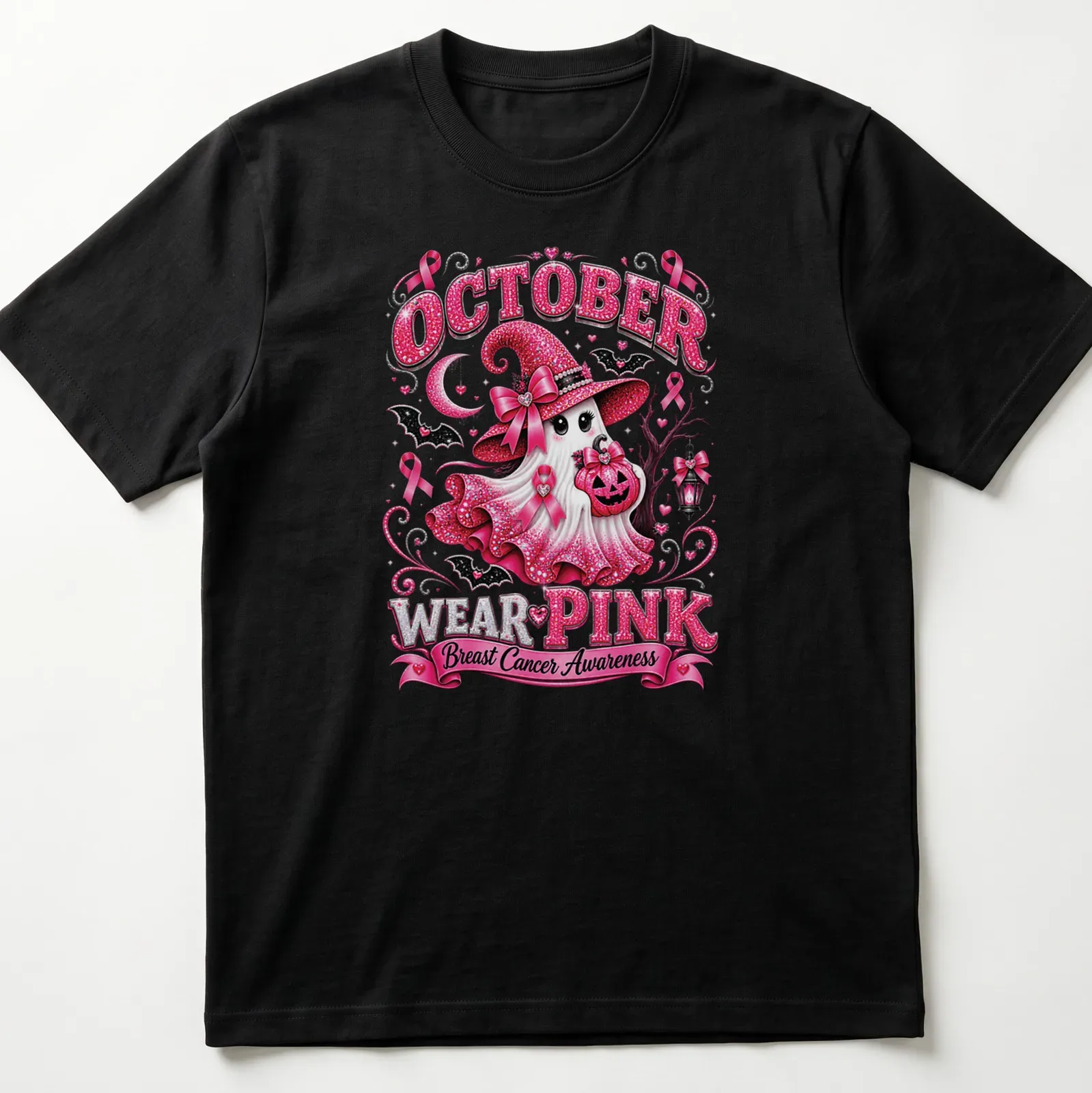Kawaii glitter design featuring a ghost in a pink hat with awareness text — printed on a unisex t-shirt