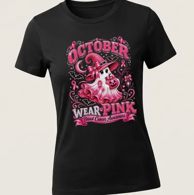 Kawaii glitter design featuring a ghost in a pink hat with awareness text — printed on a women's shirt