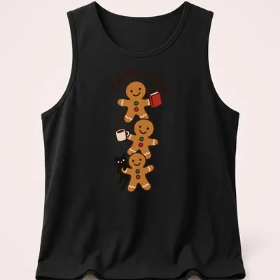 Kawaii style T-shirt with gingerbread cookies and a black cat illustration alongside festive text — printed on a tank top