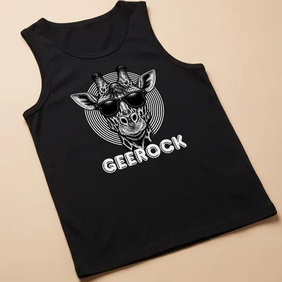 Black and white illustration of a giraffe wearing sunglasses with the word GeeRock — printed on a tank top