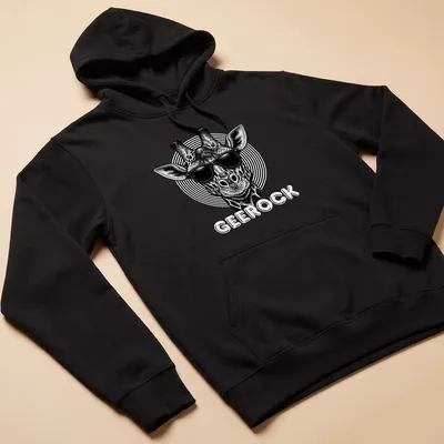 Black and white illustration of a giraffe wearing sunglasses with the word GeeRock — printed on a unisex hoodie