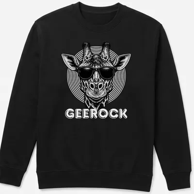 Black and white illustration of a giraffe wearing sunglasses with the word GeeRock — printed on a unisex sweatshirt