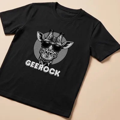 Black and white illustration of a giraffe wearing sunglasses with the word GeeRock